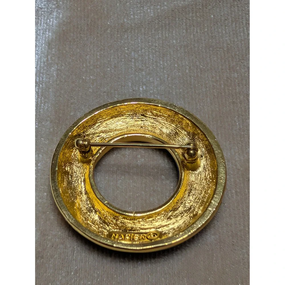 Napier Vintage Black Enamel Gold Tone Rhinestone Circle Brooch Pin 1.5‎ Inch
